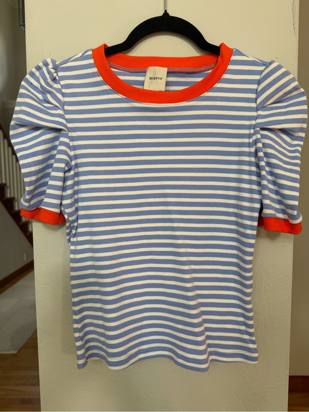 Anthropologie Maeve Blue-and-White Striped Puff-Sleeve Tee with Orange Trim - Picture 3 of 5